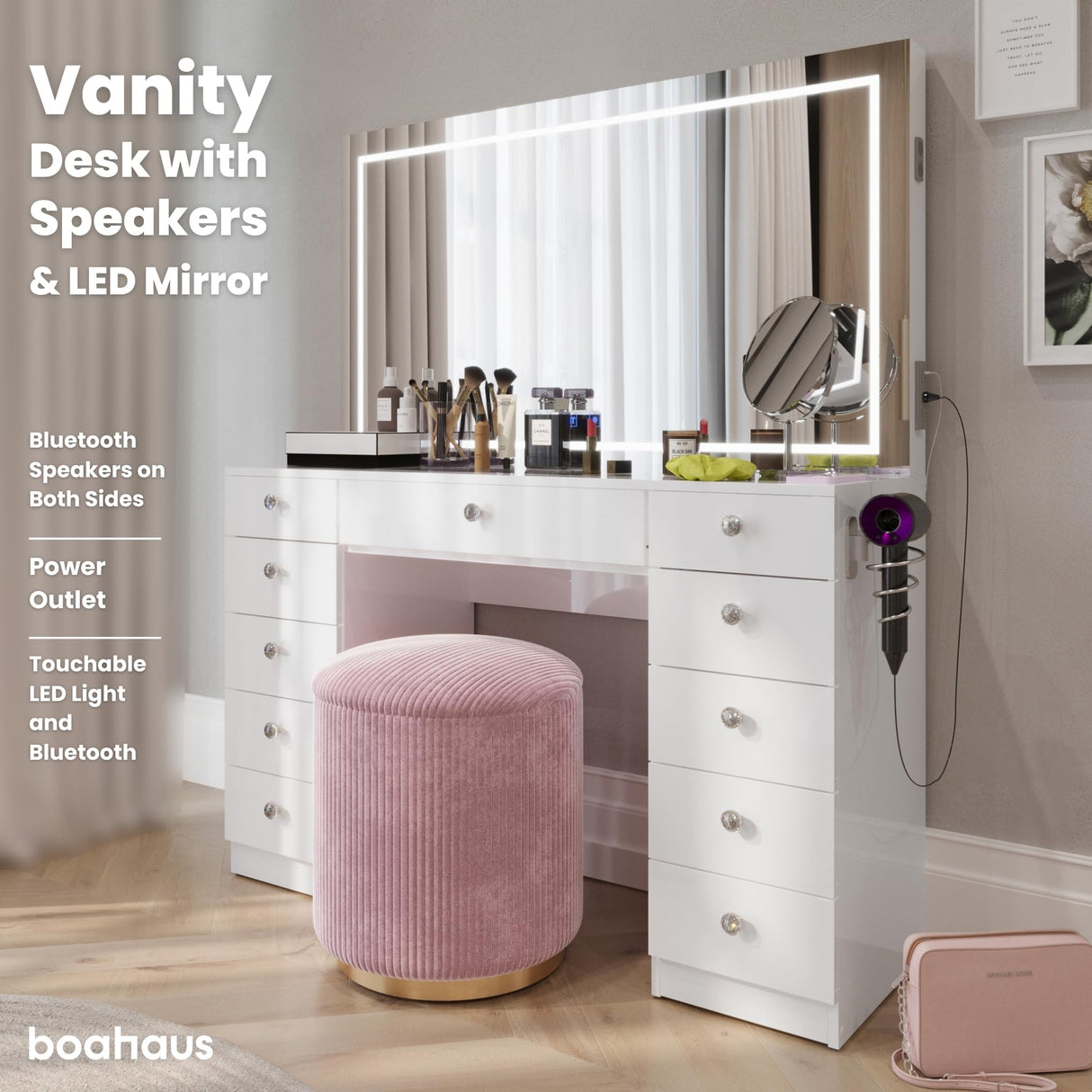 Boahaus Amelia Large Makeup Vanity Desk with Dimmable LED, 2 Bluetooth Speakers, USB Type C & Type A, 110 V Power Outlet, 11 Drawers, Crystal Knobs, Hair Dryer Holder - Premium White Boahaus