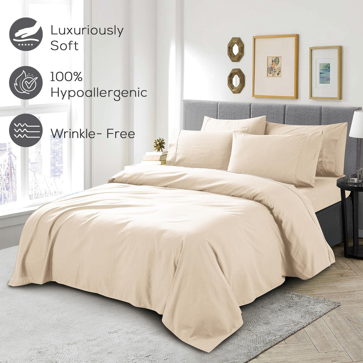 Mueller Luxury 6 Piece Queen Sheet Set - Ultra-Soft 1800 Series, Cooling & Breathable Hotel Quality Bed Sheets, Deep Pocket up to 16" - Hypoallergenic, Wrinkle-Resistant, Oeko-TEX, Cream Mueller