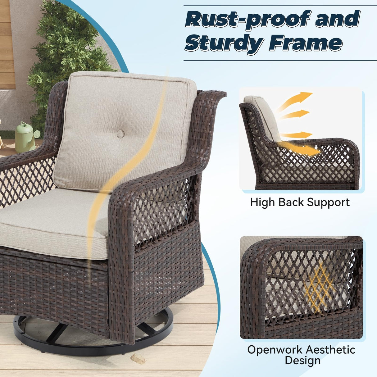 Suvivityse 3 Pieces Outdoor Swivel Chair, Wicker Patio Bistro Set with Rocking Chair, Side Table for Garden Porch Backyard(Beige) Suvivityse