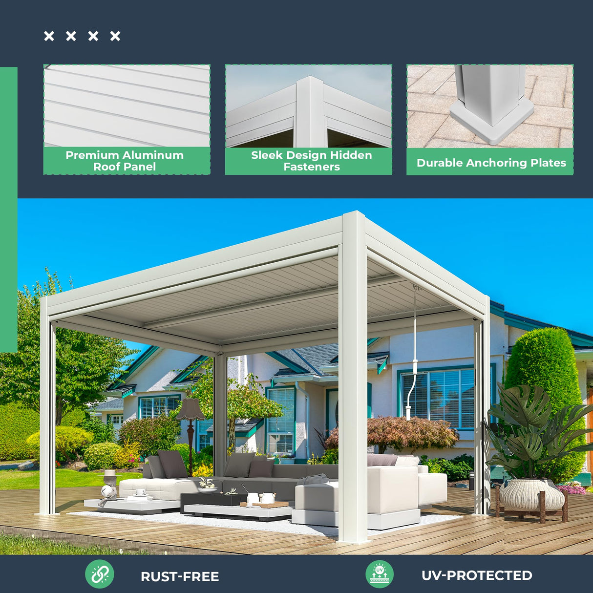 YOLENY Electric Louvered Pergola 10x13, Solar and Electric Powered, Integrated LED and 4 Side Screens, Full Aluminum Frame and Louvers, Adjustable Rainproof Roof for Outdoor Living, White YOLENY