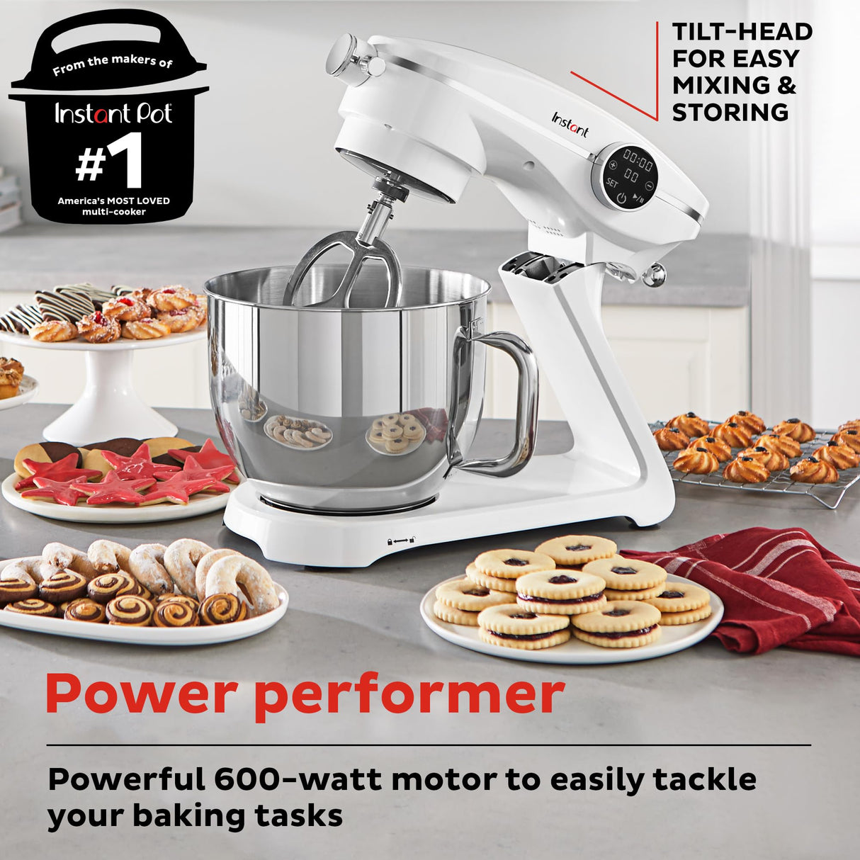 Instant Pot Instant Stand Mixer Pro,600W 10-Speed Electric Mixer with Digital Interface,7.4-Qt Stainless Steel Bowl,Dishwasher Safe Whisk,Dough Hook and Mixing Paddle,Pearl Instant Pot
