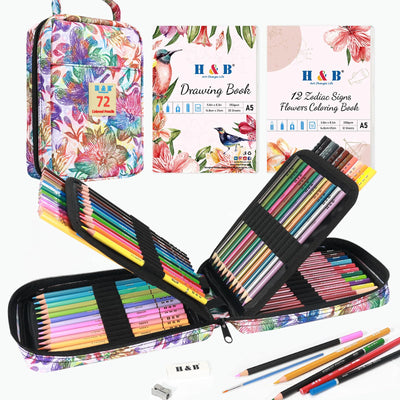 H & B Art Supplies, 72 Pack Drawing Supplies for Adults, Color Kit with Drawing Book, Coloring Book, Watercolor, Metallic Charcoal Macaron Oil-Based Coloured Pencils for Artists