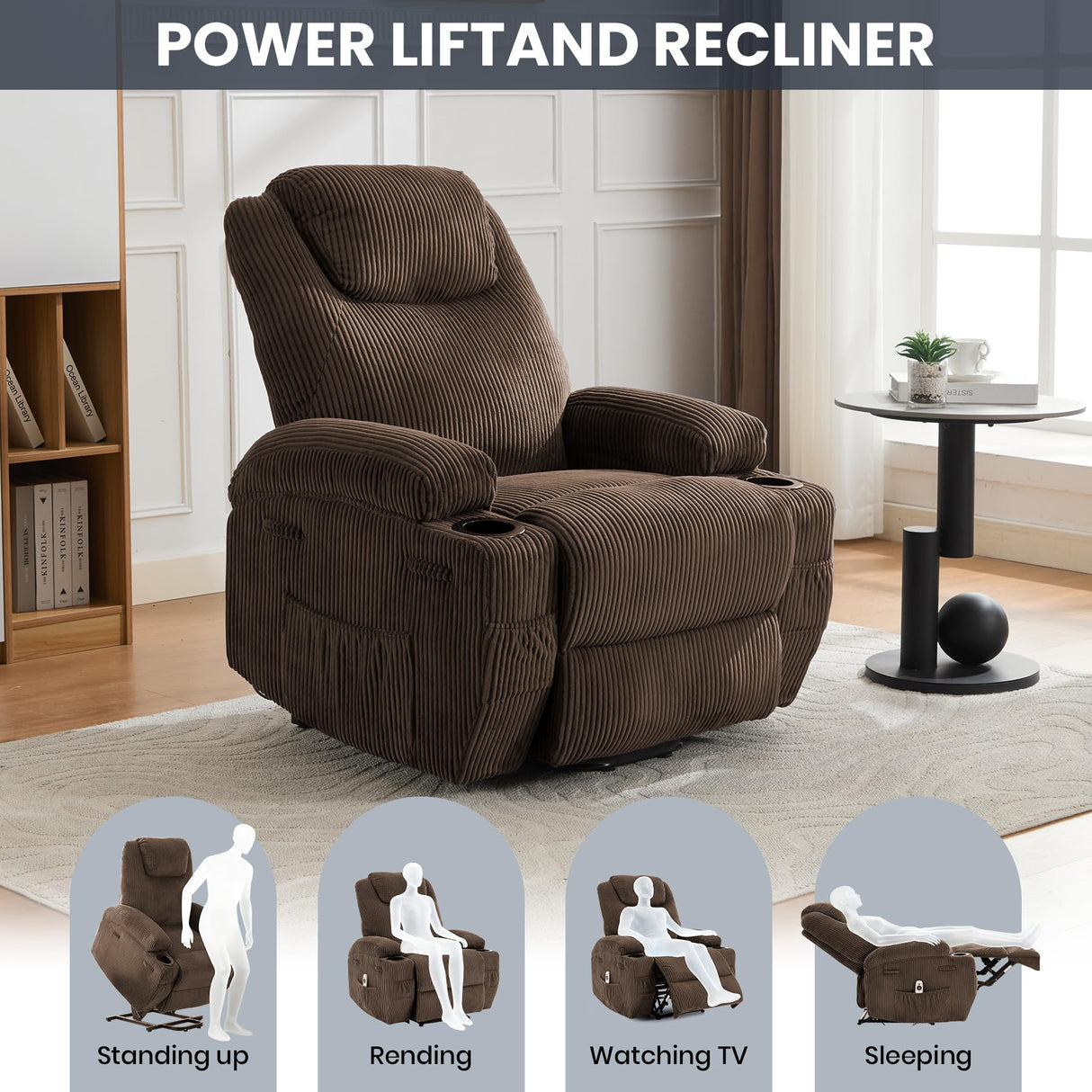 Power Lift Recliner Chair for Elderly,Lift Chair with Massage and Heat for Living Room,155°Adjustable Corduroy Electric Recliner Chairs with 2 Cup Holders and Stand Assist for Living Room,Brown MilleLoom