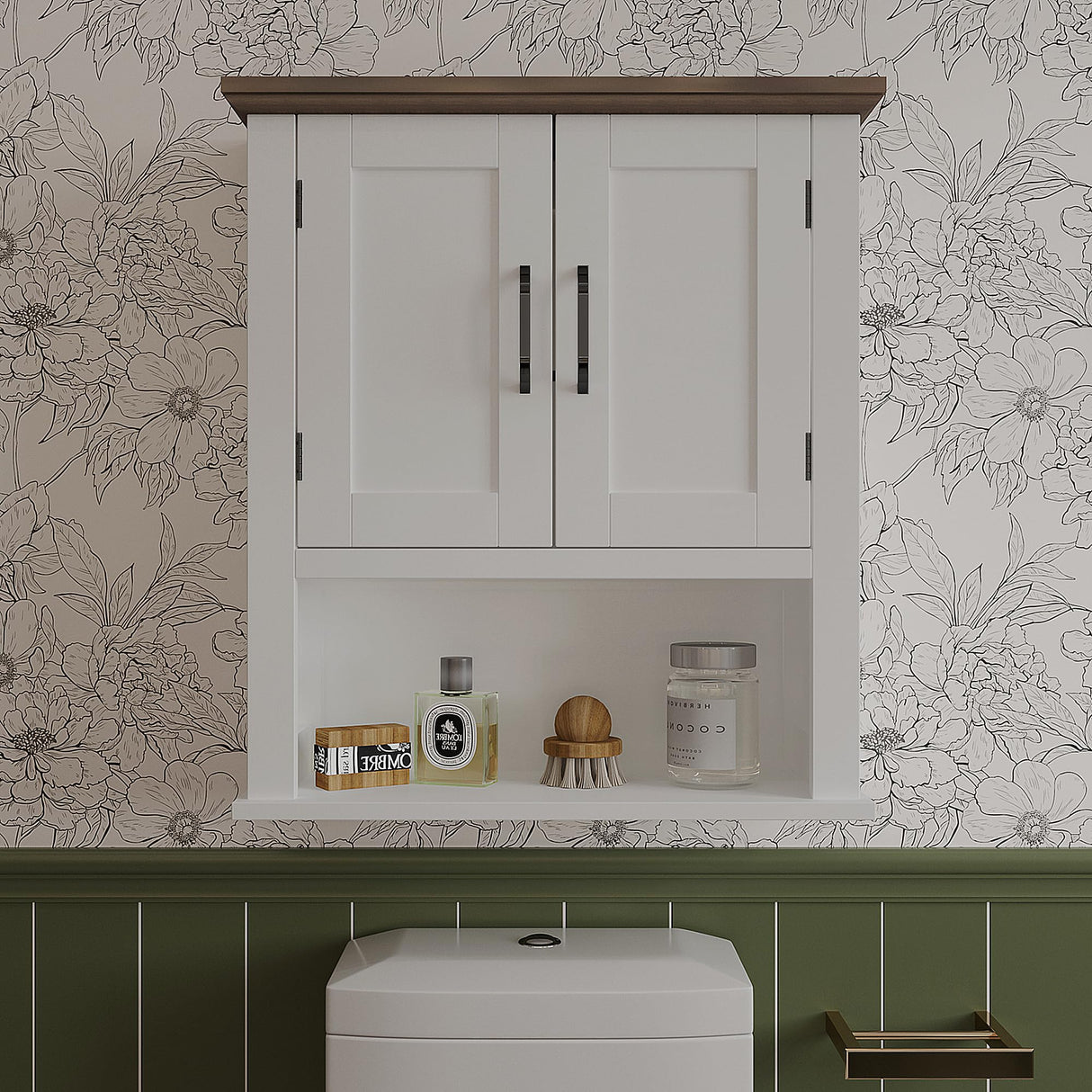 ChooChoo Farmhouse Wall Cabinet with Doors, Medicine Cabinet with Adjustable Shelves Over The Toilet, Rustic Cabinet Wall Mounted for Bathroom, Kitchen, Living Room, Antique White & Brown ChooChoo