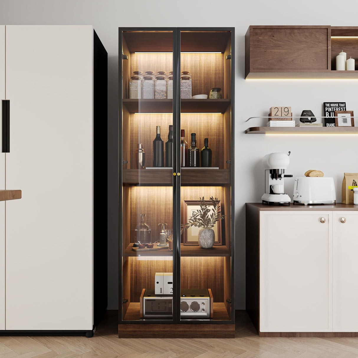 ATJafurn Glass Display Cabinet with LED Lights Tempered Glass Curio Cabinet with Pull-Out Shelf for China Liquor Collectibles 23.6'' W (Walnut) ATJafurn