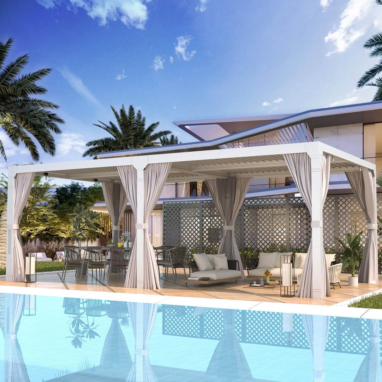 EROMMY Louvered Pergola 12' x 24' Outdoor Hard Top Pergola with Aluminum Frame and Adjustable Metal Rainproof Roof for Garden & Patio, Curtains and Netting Included, White EROMMY