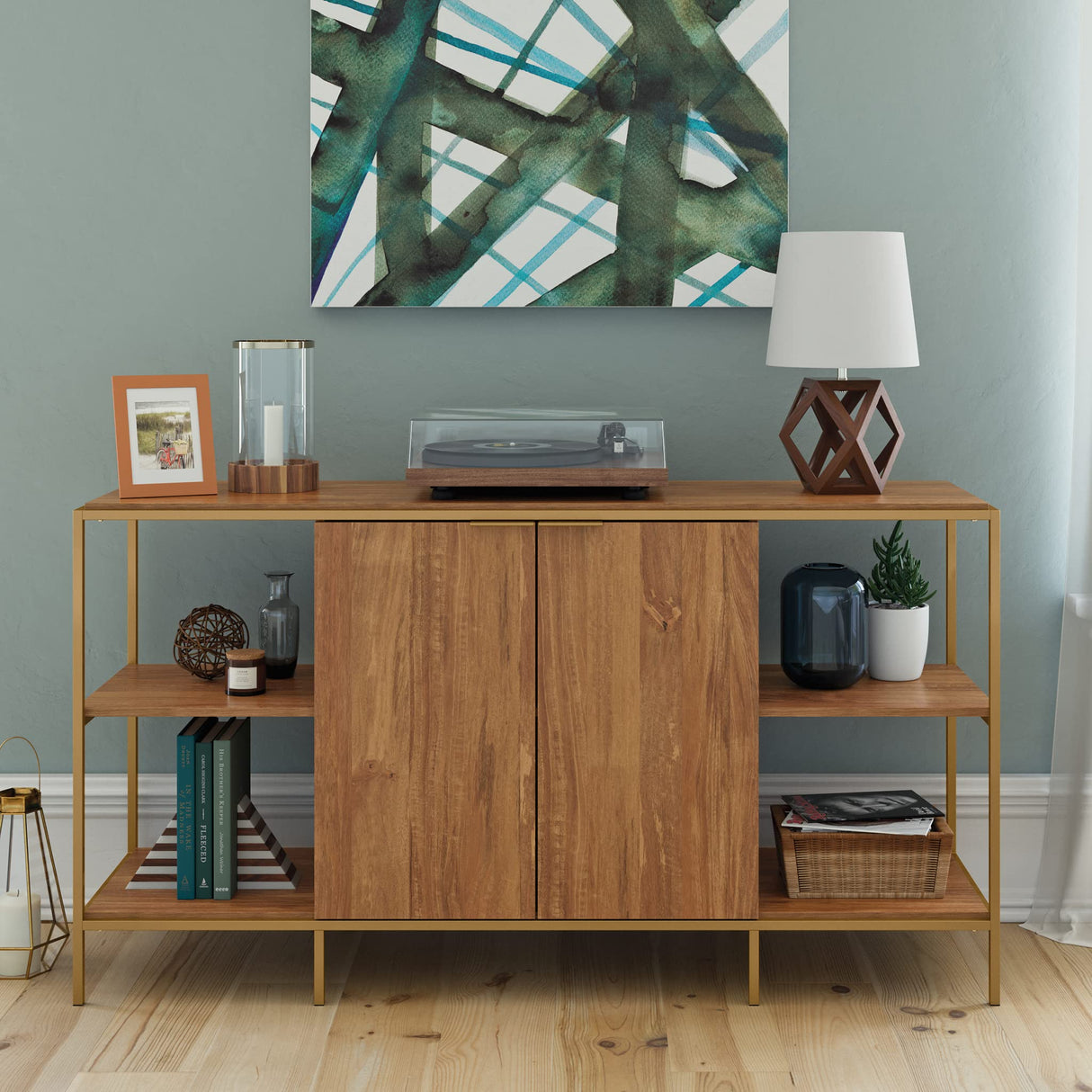 Sauder International Lux Modern Credenza, for TVs up to 65", Sindoori Mango Sauder