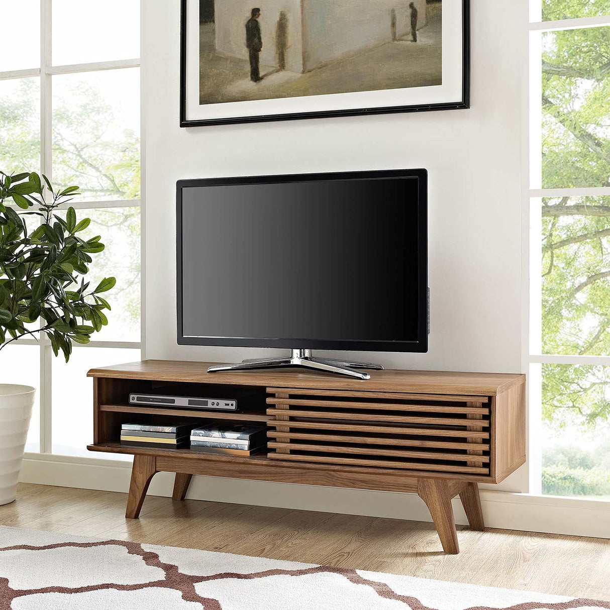 Modway Render 48" Mid-Century Modern Low Profile Media Console TV Stand, 48 Inch, Walnut Modway