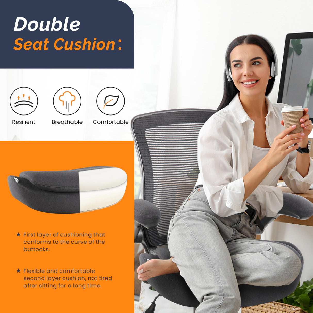 BOJUZIJA Drafting Chair Tall Office Chair, Ergonomic Standing Desk Computer Stools with, Flip-up Armrests, Adjustable Height and Big Foot-Ring, Comfortable Double Seat Cushion Foam Seat(Balck) BOJUZIJA