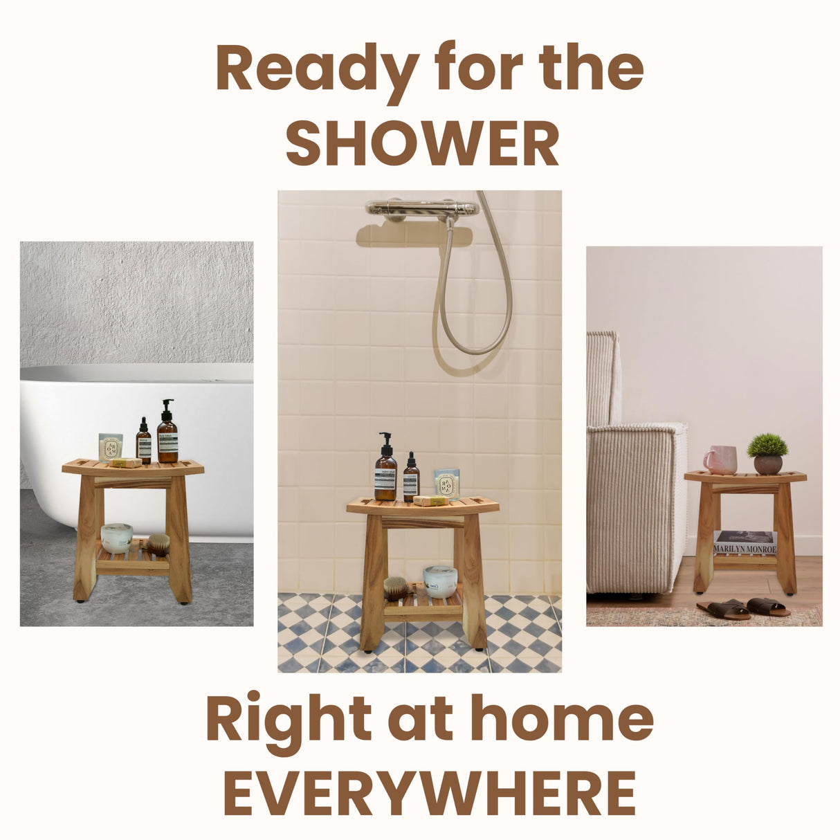 TEAKAURA Teak Shower Bench Stool, 14'' Compact Waterproof Wood Spa Bath Bench with Storage Shelf & Handle, Non-Slip Solid Teak Shower Seat Chair for Small Bathrooms Inside Shower and Outdoor Use TEAKAURA