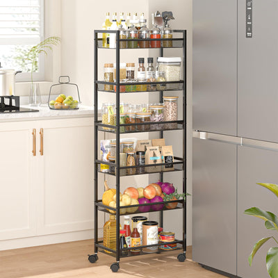 6 Tier Slim Rolling Storage Cart, Narrow Mobile Shelving Unit Organizer Utility Cart with Wheels, Metal Wire Storage Rack with Baskets for Kitchen, Bathroom, Laundry & Living Room, 10in(W)
