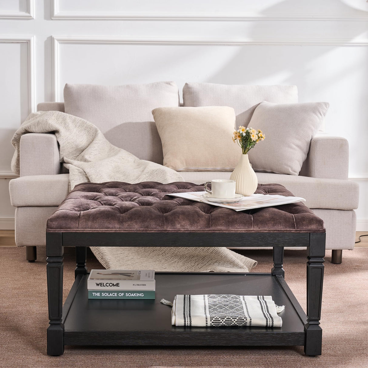 Polarisys Storage Ottoman Bench, 35 Inch Ottomans with Storage, Coffee Table Ottomans for Living Room Large Ottoman Bench Square Coffee Table with Wooden Shelf Brown Polarisys