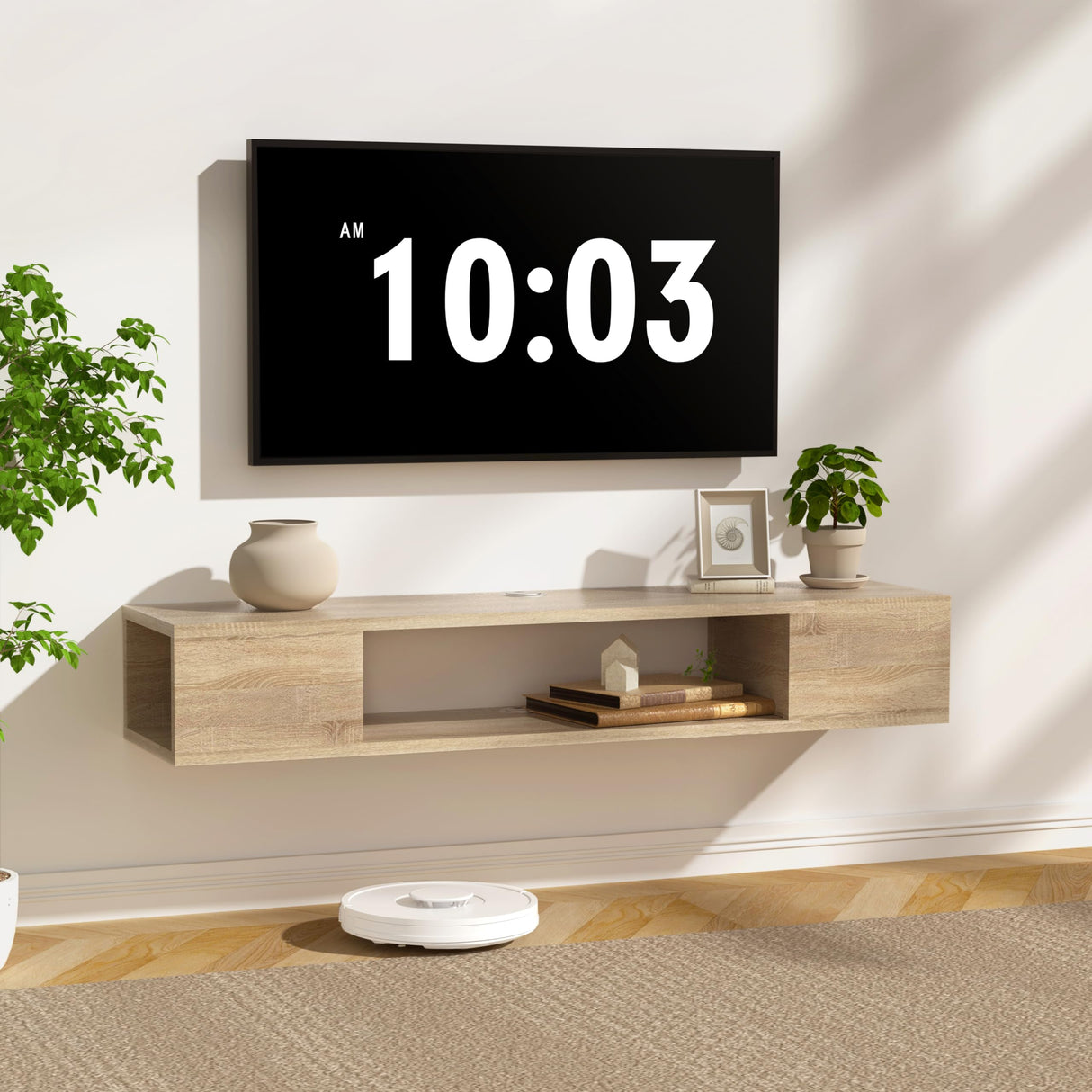 GHC Floating TV Stand, Wall Mounted Entertainment Center and Cabinet Shelf, TV Console with Storage, Media Console for DVD Player, Space-Saving Under TV Shelf for Living Room (Natural Oak) GHC