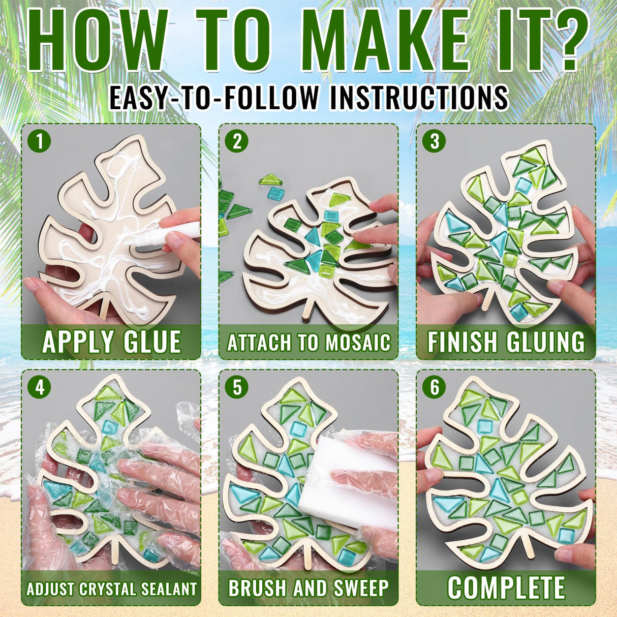 Honeydak 6 Sets DIY Leaves Glass Mosaic Tiles with 6 Sets Leaves Wooden Coasters Making Mosaic Crafts Materials Package Mixed Stained Glass Kit for Handmade Colourful Home Gifts Indoor Decor Honeydak