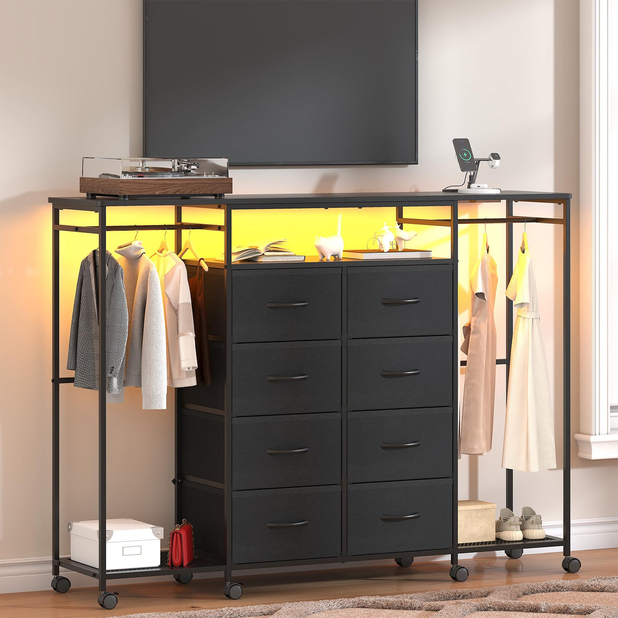 Frmobepts 59.1" W Dresser for Bedroom with Hanging Rack, 8 Drawer Dresser with LED Lights & Charging Station, Fabric Dressers with Portable Wheels,Metal Frame, Wooden Top (Black) Frmobepts