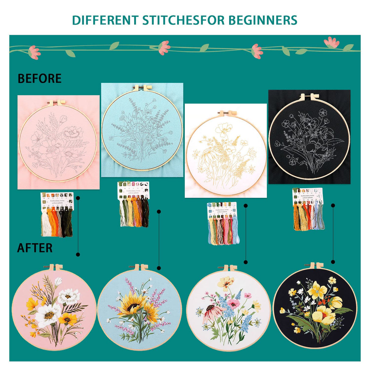 4 Sets Cross Stitch Embroidery Kits for Beginners Adults, Flower Stamped Pre Printed Cross Stitch Kits, Full Range of Embroidery Starter Kit with Instructions, 4PCS Embroidery Hoops, Threads and Tools MAMUNU
