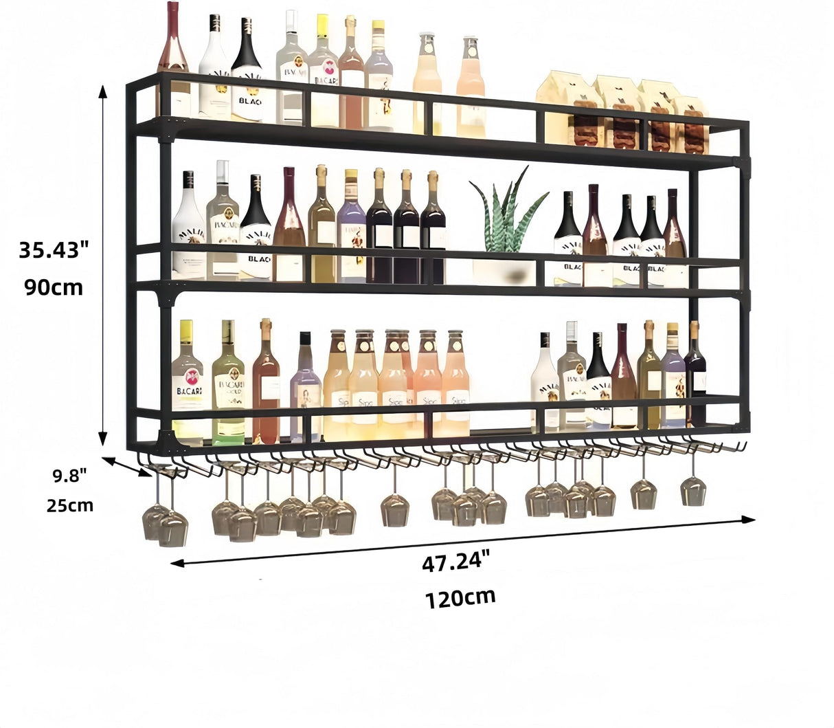 HFTUW 3-Tier Wall Mounted Wine Rack with LED Light, Stylish Wall Bar Shelves for Liquor Bottles & Hanging Glasses, Bar Shelves Wall Mounted for Kitchen, Dining Room & Home Bar(Black, 120cm/47in) HFTUW