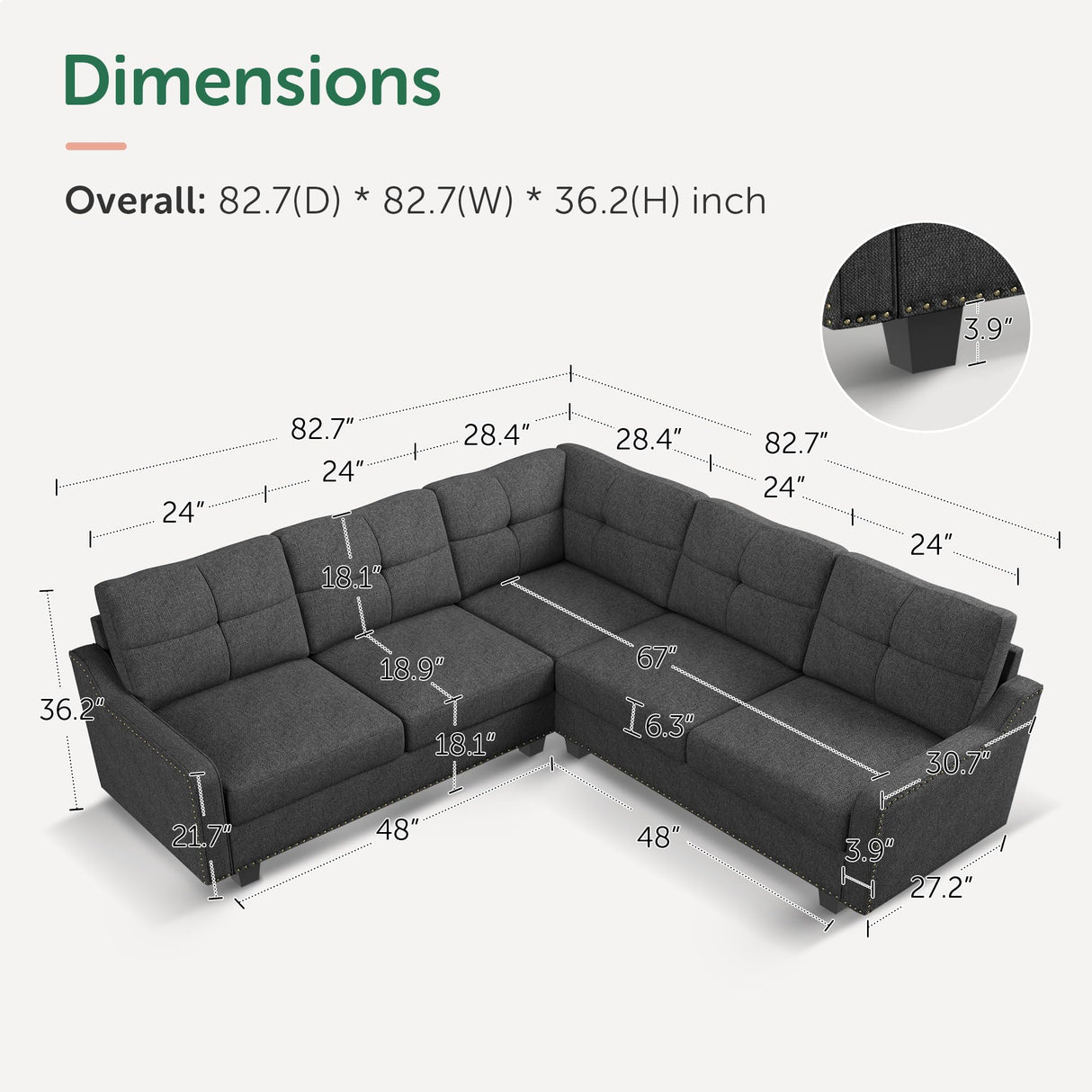 HONBAY Convertible Sectional Sofa L Shaped Couch for Small Apartment Reversible Sectional Couch for Living Room,Dark Grey HONBAY