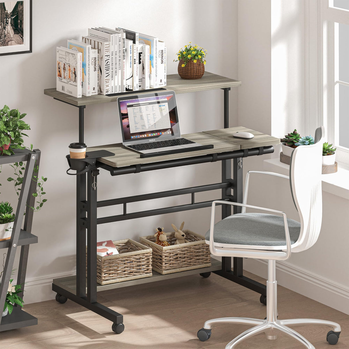 Mobile Standing Desk, Adjustable Rolling Computer Desk with 3 Desktops, Portable Laptop Table with Cup Holder, Home Office Laptop Workstation on Lockable Wheels, Grey Oak Panta