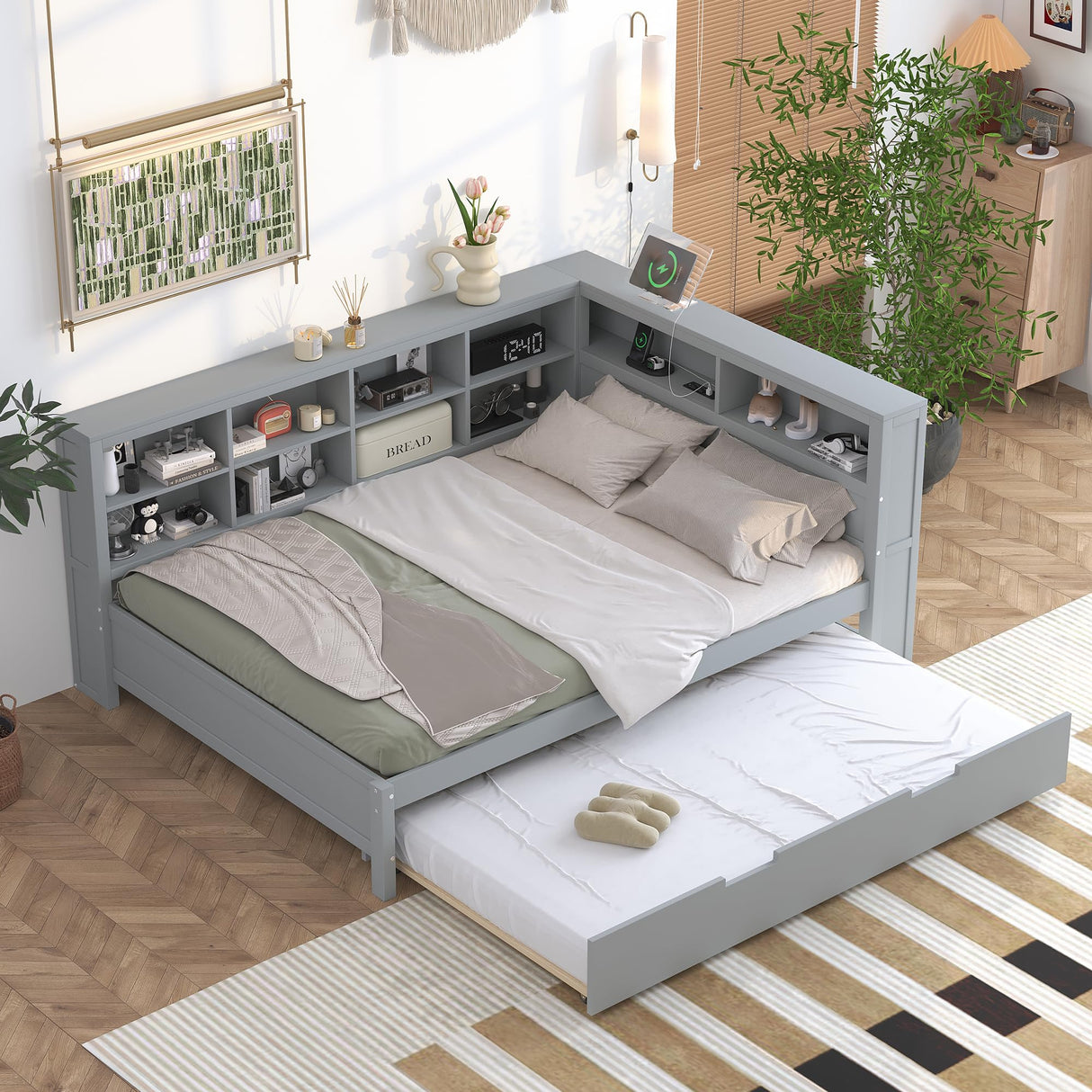 Harper & Bright Designs Full Daybed Frame with L-Shaped Bookcases, Wood Bed Frames with Trundle and USB Ports, Full Size Platform Bed with Storage Shelf and Charging Station for Kids Girls Boys, Grey Harper & Bright Designs