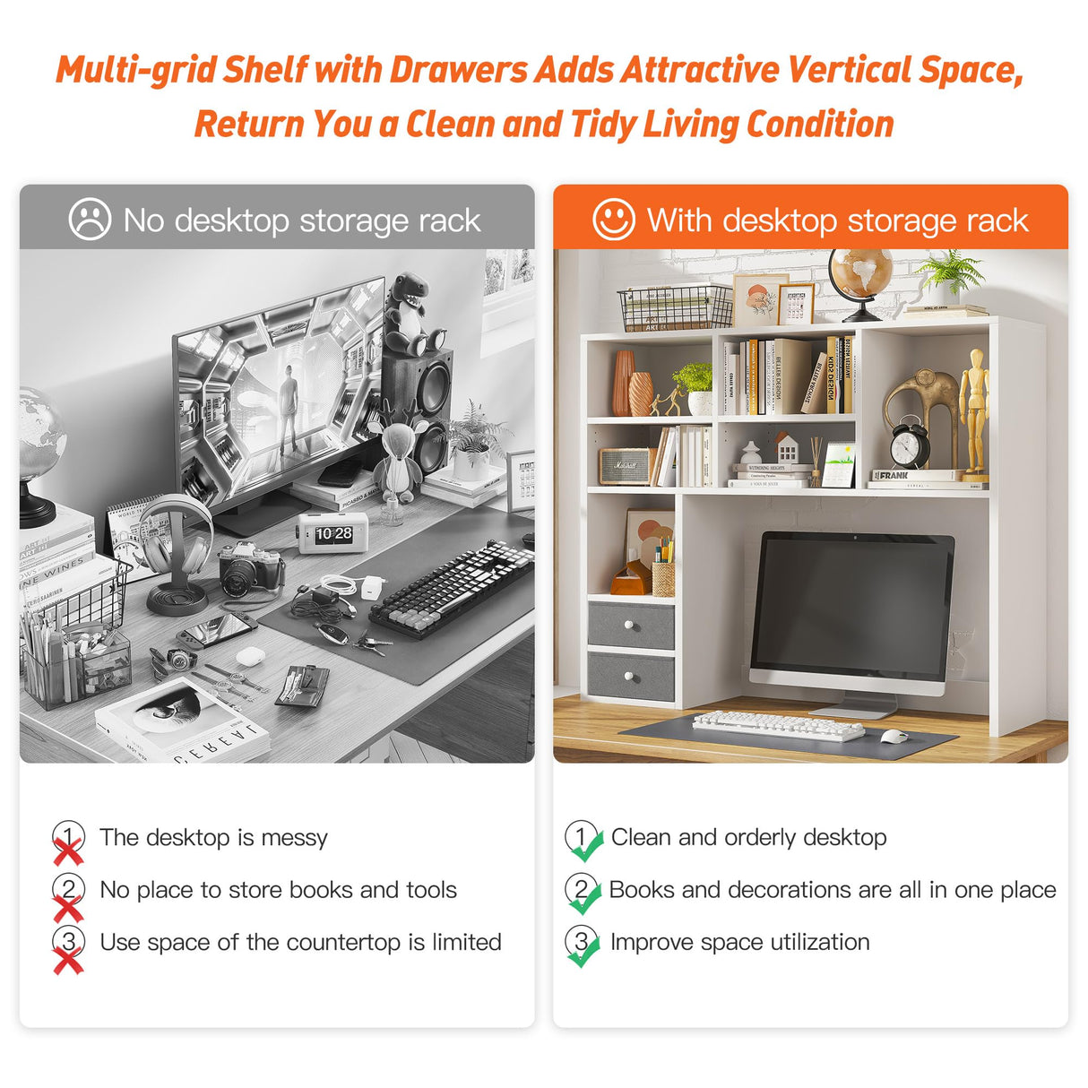 REIBII High-Capacity Desktop Bookshelf with 8 Shelves and 2 Drawers - Adjustable Desk Organizer in White REIBII