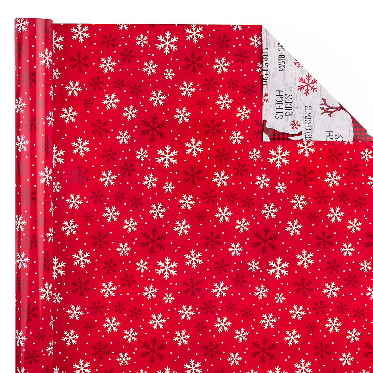 WRAPAHOLIC Reversible Christmas Wrapping Paper Roll - Mini Roll - 17 Inch x 33 Feet - Red White Reindeer and Snowflake Wrapping Paper for Christmas, Holiday, Party WRAPAHOLIC