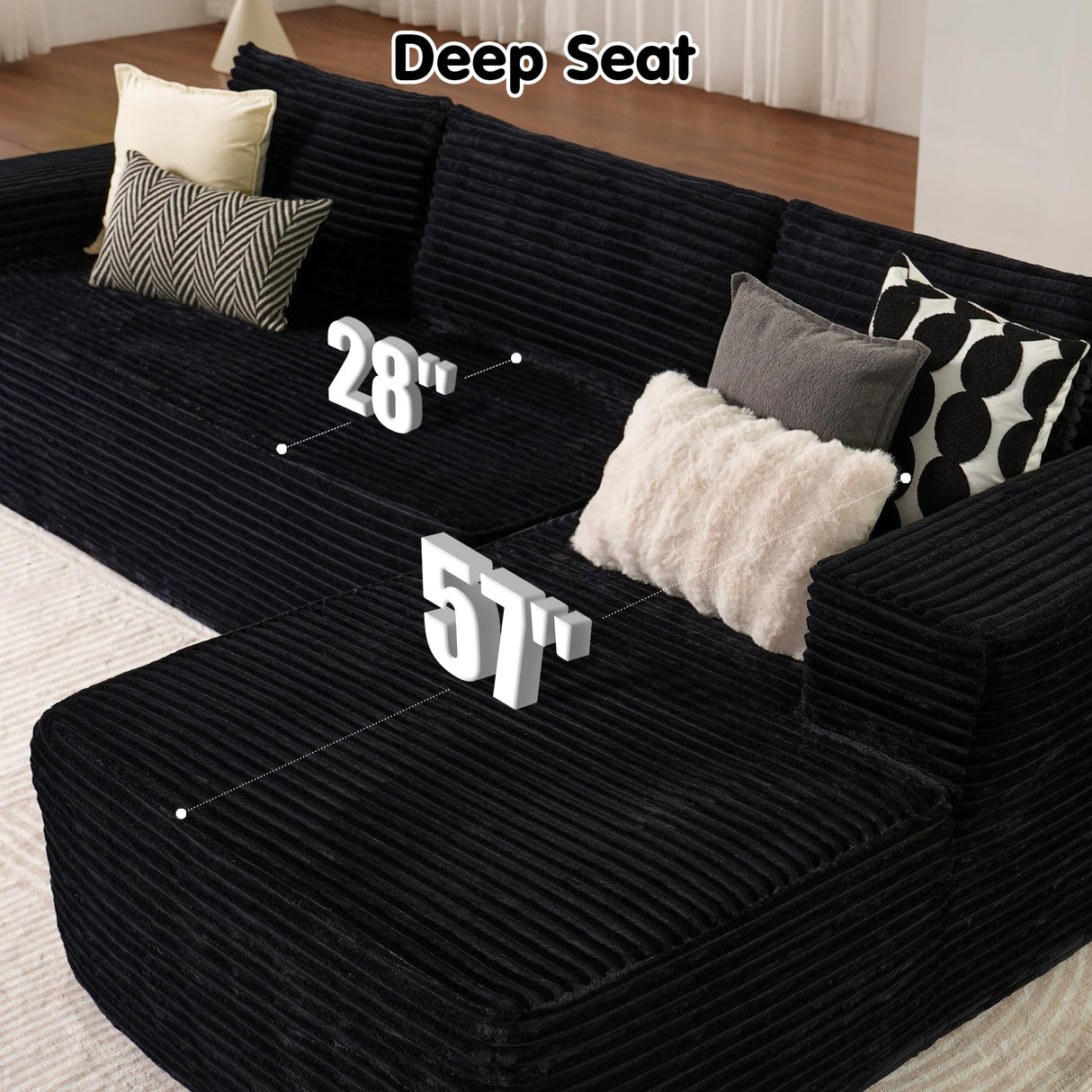 ovios 104" Cloud Sectional Couch with L-Shape Chaise,Modern Modular Sofa with Deep Seat, Upholstered Couches for Living Room Bedroom,No Assembly Required, Black (Plush Corduroy Fabric) ovios