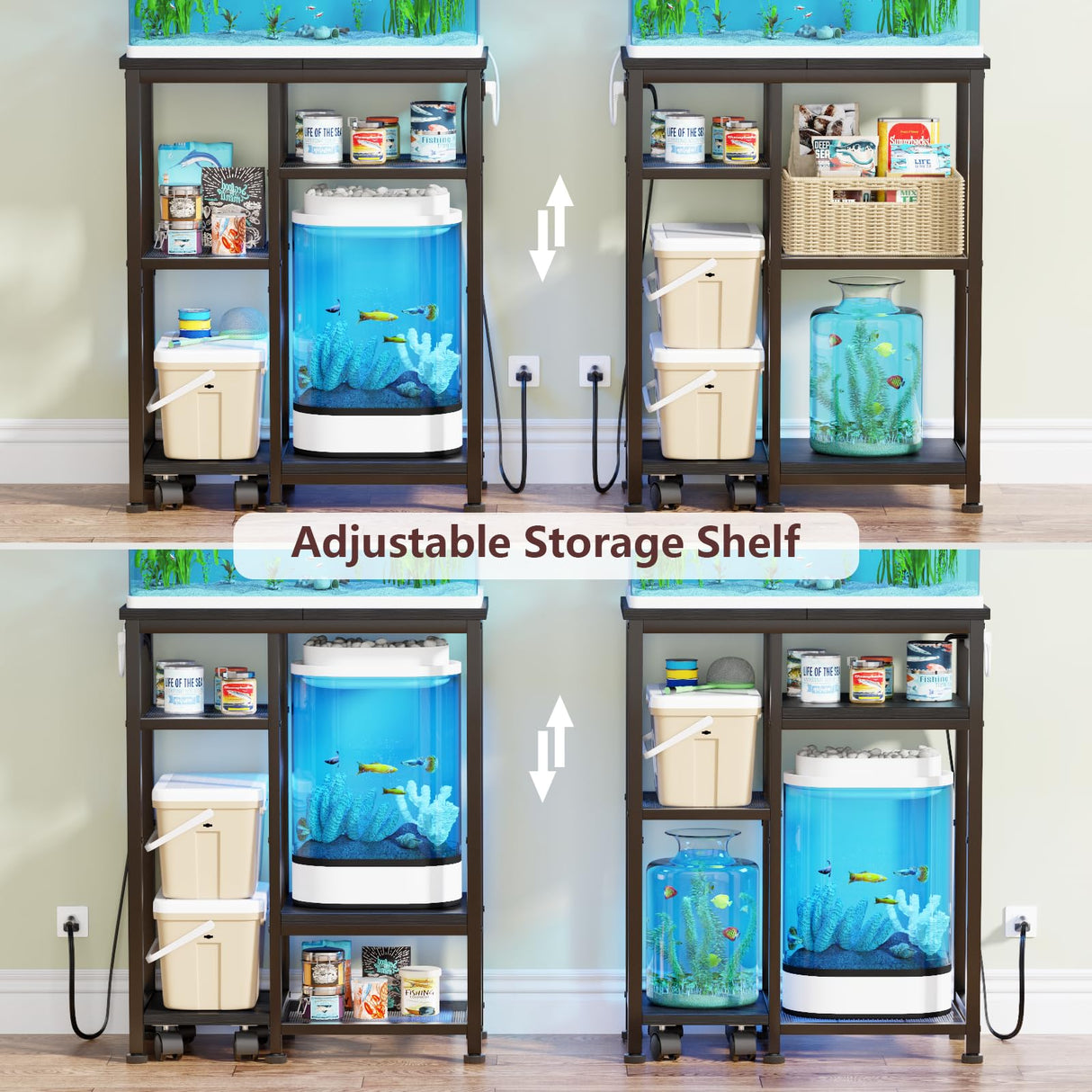 Aquarium Stand with Power Outlet, 3 Tiers Fish Tank Stand with Adjustable Storage Shelves & 4 Wheels for 10, 20 Gallon, 200LBS Capacity Terrarium Stand, Reptile Tank, Black, 24.8" x11.8" x 30.8" Korfile