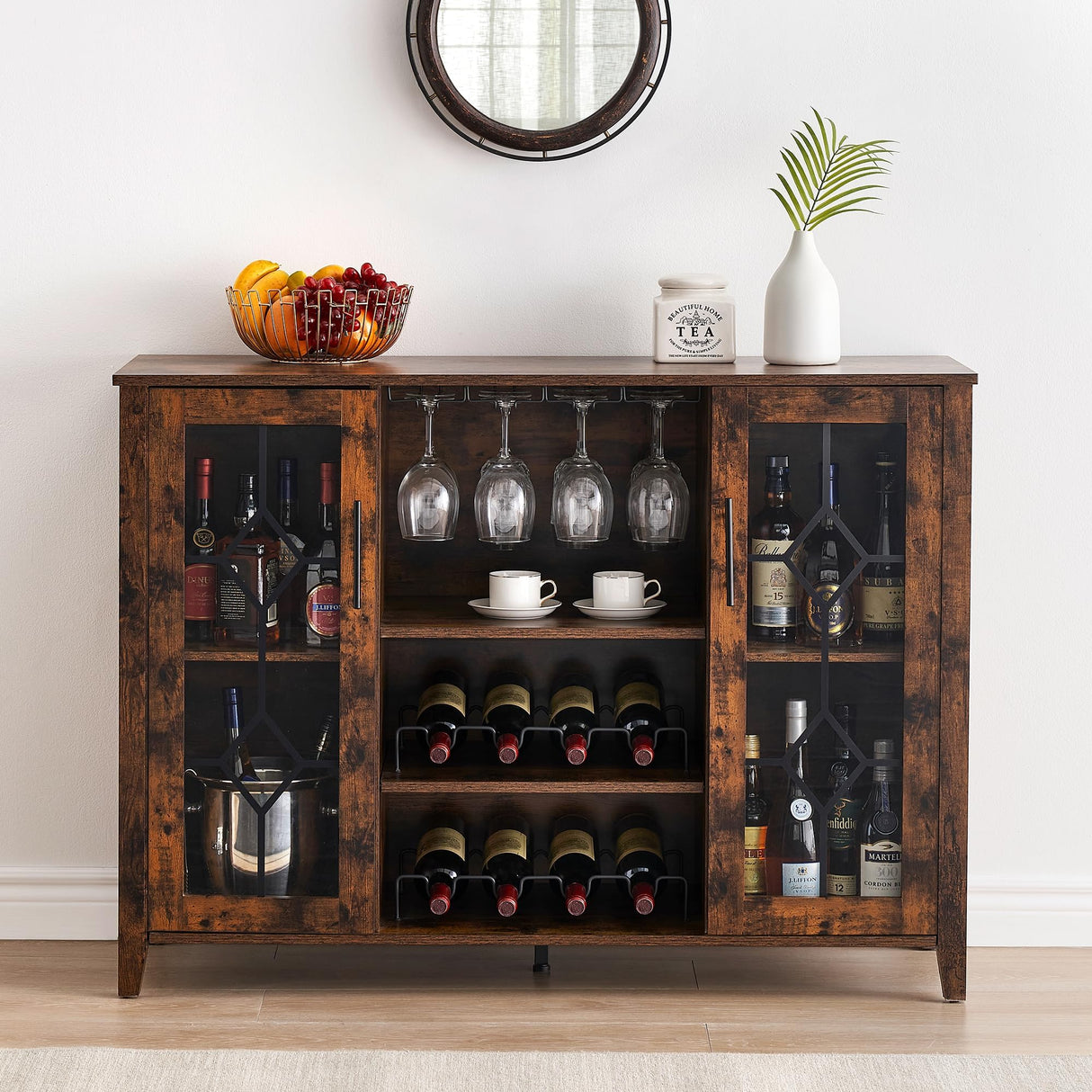 Wine Bar Cabinet With LED Lights - Modern Liquor Storage Cabinet With Wine Rack, Glass Holder & Adjustable Shelves, Kitchen Bar Cabinet for Dining Room, Living Room, Home Bar or Coffee Station Attracoast