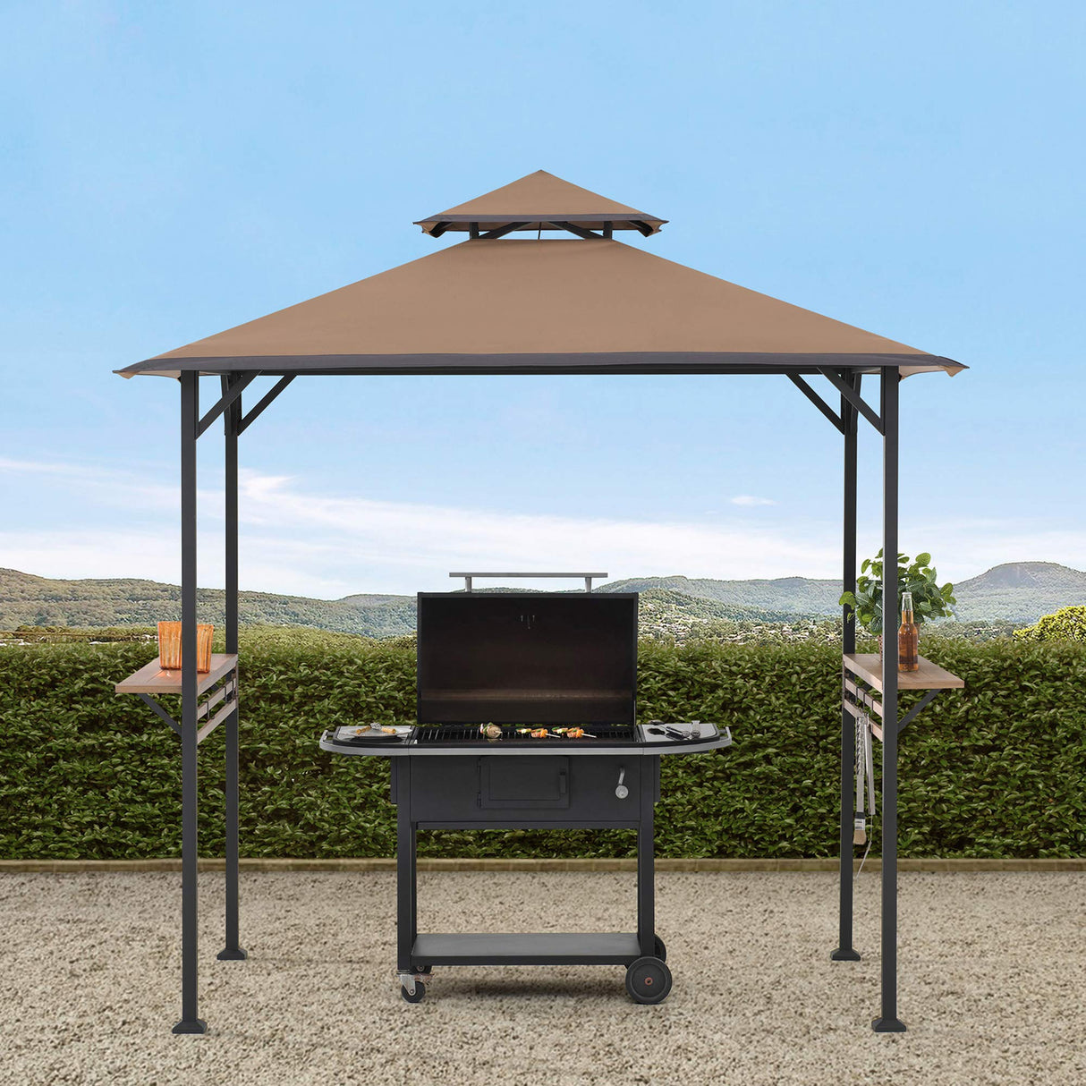 Sunjoy 5 x 8 ft Grill Gazebo with Double Tiered Canopy Roof, Black Steel Frame Grill Gazebo for Outdoor, Patio, Garden, and Backyard Activities, Khaki SummerCove