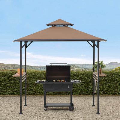 Sunjoy 5 x 8 ft Grill Gazebo with Double Tiered Canopy Roof, Black Steel Frame Grill Gazebo for Outdoor, Patio, Garden, and Backyard Activities, Khaki