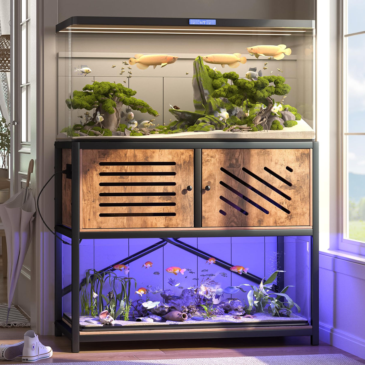 MELLCOM 40-50 Gallon Fish Tank Stand with Power Outlets and LED Light, Metal Aquarium Stand with Cabinet for Fish Tank Accessories Storage, Turtle Reptile Terrariums Stand Rack, Tank not Included MELLCOM