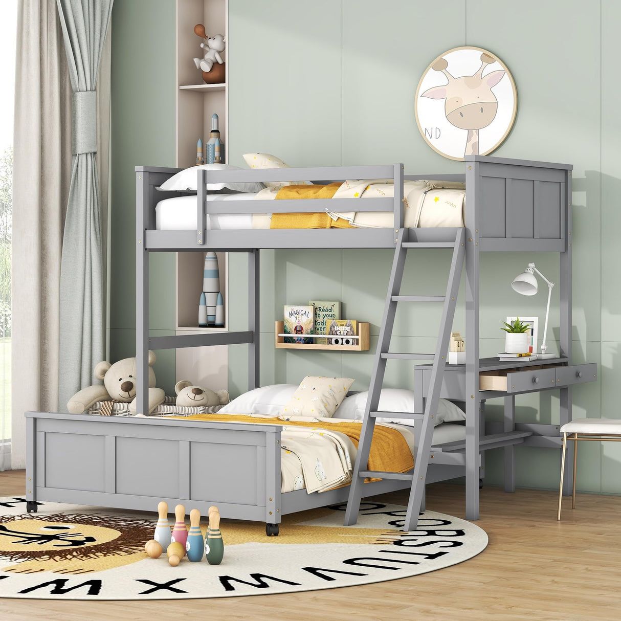 Merax Twin Over Full Bunk Bed with Desk,Wood Loft Bed Frame Saving Space for Boys,Girls,Teens,Grey Merax
