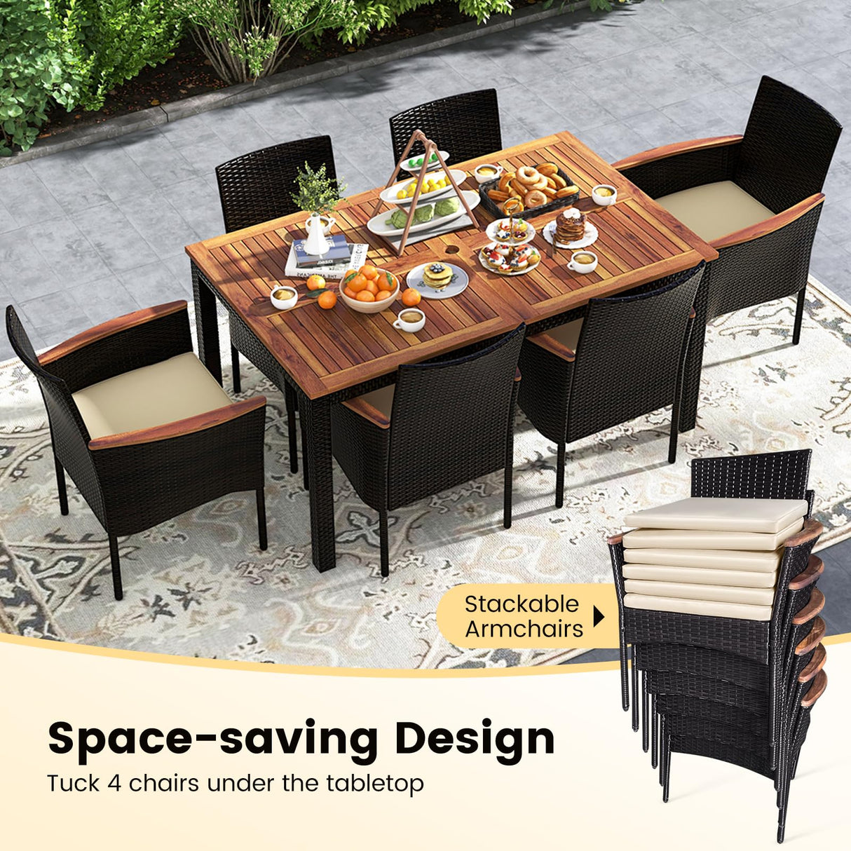 KOTEK Outdoor Dining Set for 6, PE Rattan Wicker Patio Furniture Set with Wood Table & Cushioned Armchairs, 1.96'' Umbrella Hole, Patio Table and Chairs Set for Garden, Backyard, Balcony, Poolside KOTEK