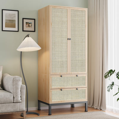 Yechen Natural Rattan Armoire Storage Cabinet, 74" Tall Armoire Closet with Doors, Adjustable Shelves and Drawers, Large Wooden Armoire Wardrobe with 2 Hanging Rods for Bedroom Utility Pantry