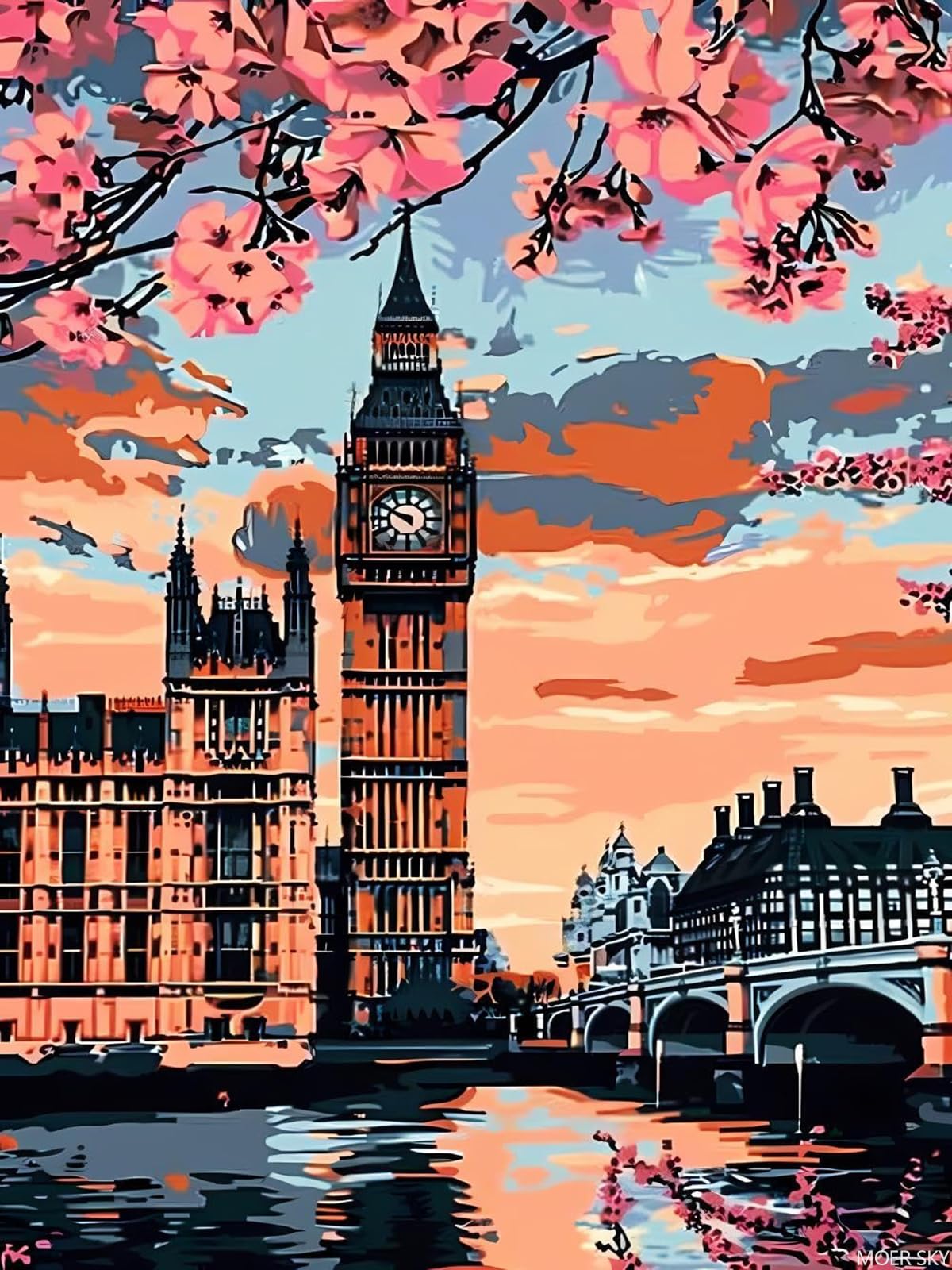 MOER SKY 5D Big Ben in London with Cherry Blossoms Diamond Painting Set for Adults DIY Landscape Diamond Art Kits for Beginner for Gift Wall Decor 12x16 inch MOER SKY