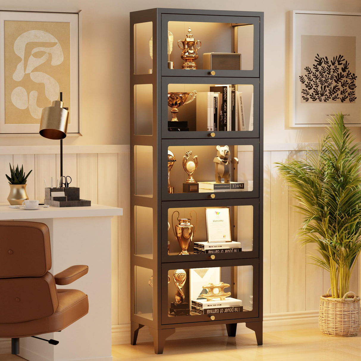 Lucky Monet 5 Tier Curio Display Cabinet with 13-Color LED Lights & Flip-Up Glass Doors, 3-Side Glass Lighted Display Case for Collectibles, Figures, Books, 67" Metal Storage Cabinet, Black Lucky Monet