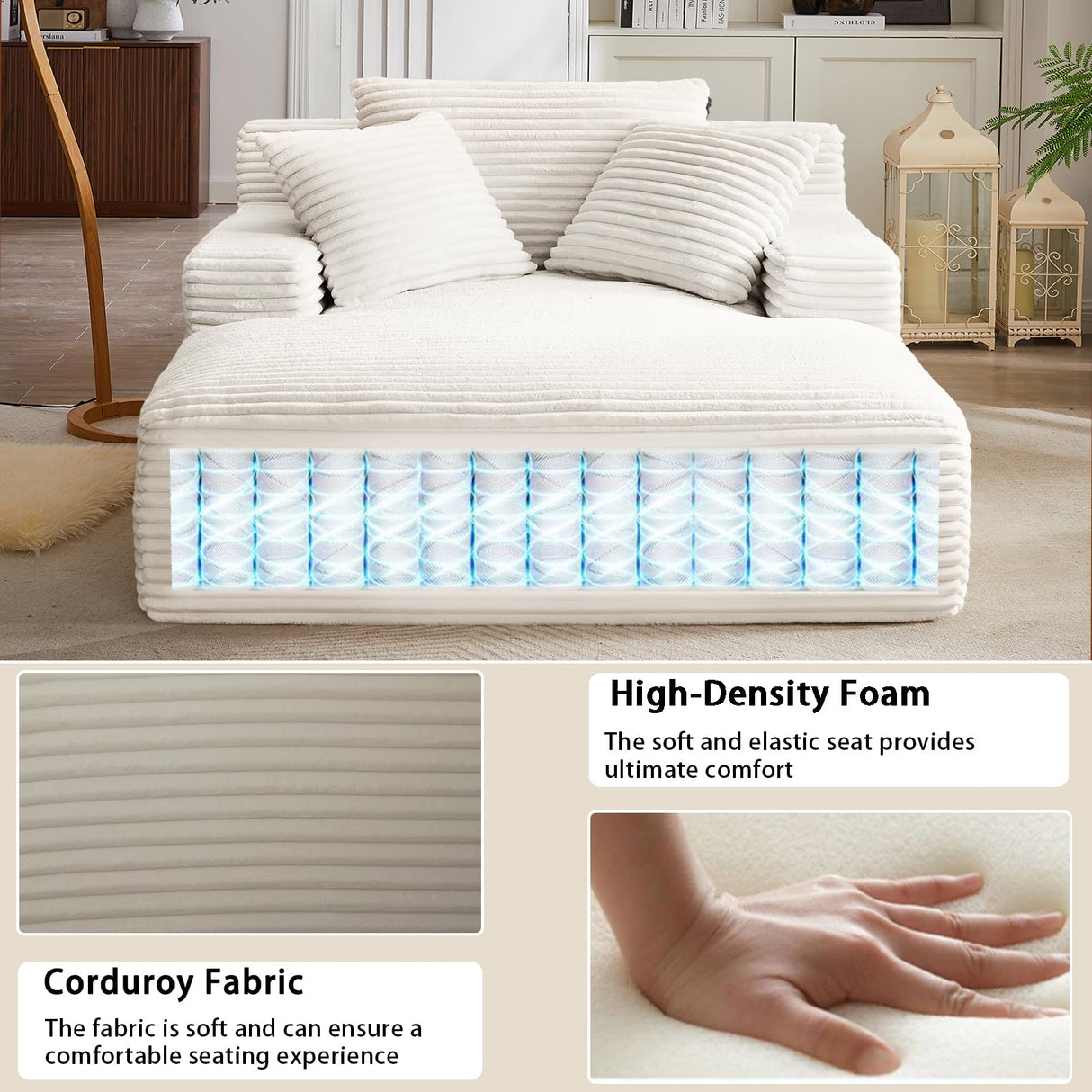 GUANGHONG 50" W Chaise Lounge Chair Indoor, Oversized Upholstered Corduroy Boneless Sofa Bed with 3 Pillows, Deep Seat Sleeper Reading Chair Cloud Couch for Living Room, No Assembly Required GUANGHONG