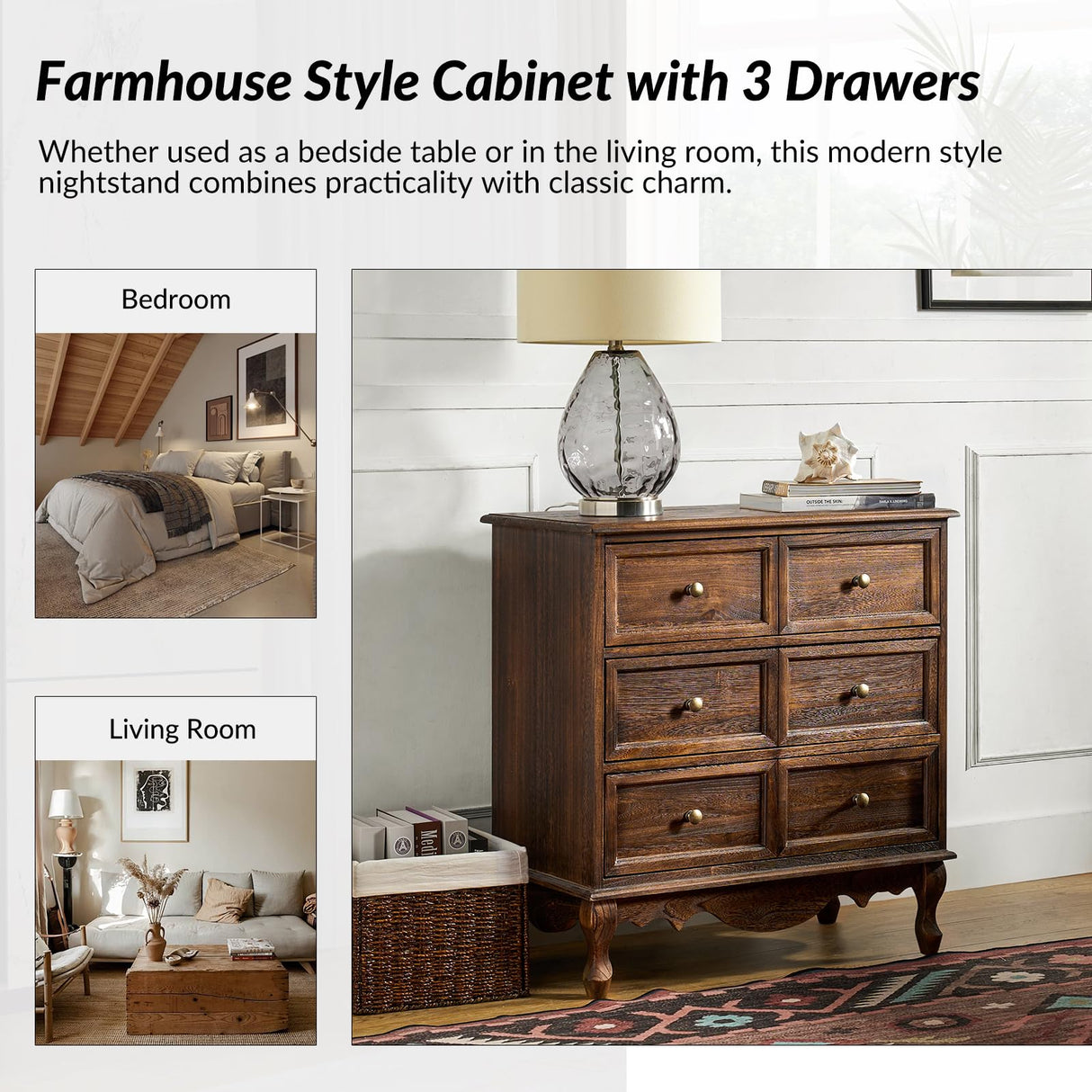 HULALA HOME 3-Drawer Nightstand with Charging Station, Drawer Organizer with Wood Legs, Farmhouse Solid Wood Nightstand(Walnut) HULALA HOME