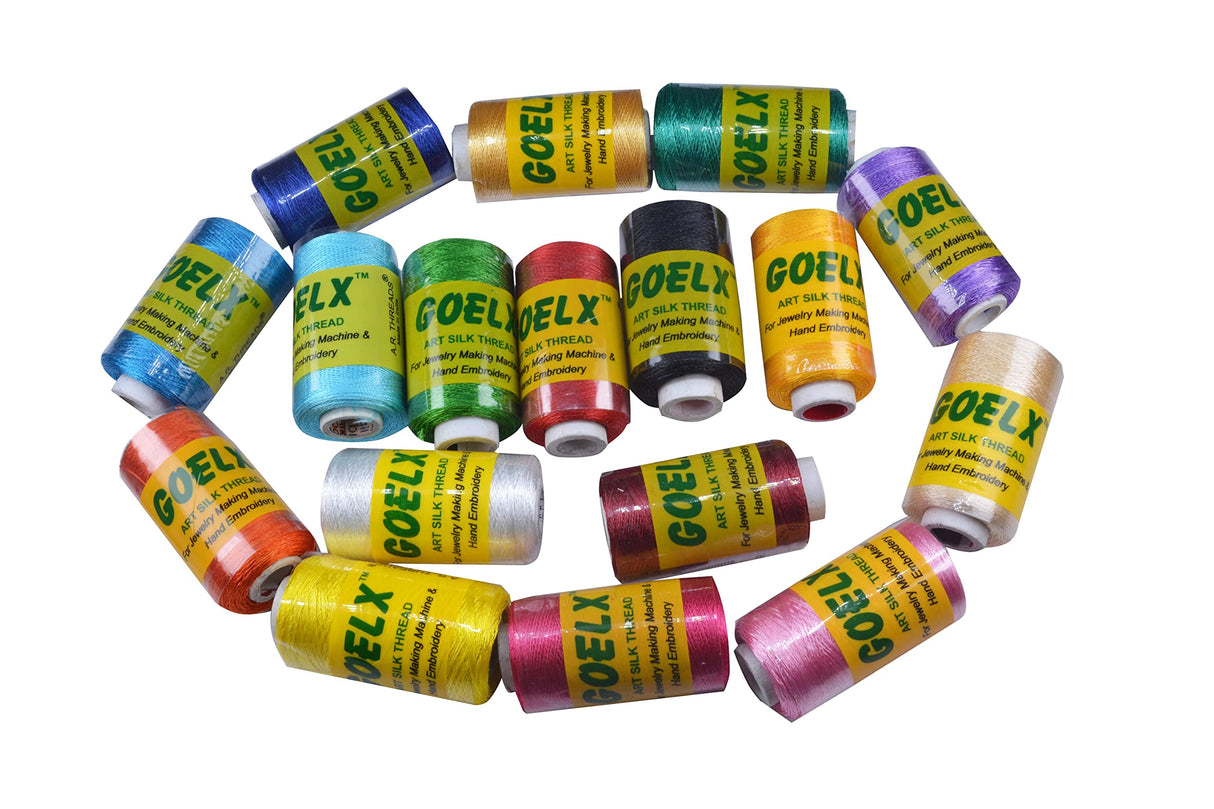 GOELX Silk Thread 17 Main Color Set for Jewellery-Tassel Making- Embroidery-Crafts, Shiny Soft Thread Spools GOELX