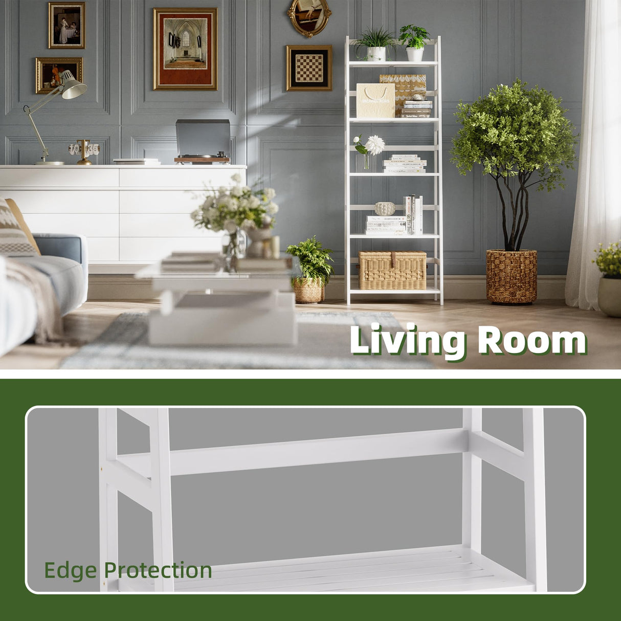 vovala Ladder Shelf, 5-Tier Bookshelf, All Bamboo Heavy Duty Bookcase, Freestanding Open Wood Storage Rack, Modern Corner Display Plant Stand for Living Room, Home Office, Bathroom, Bedroom, White vovala