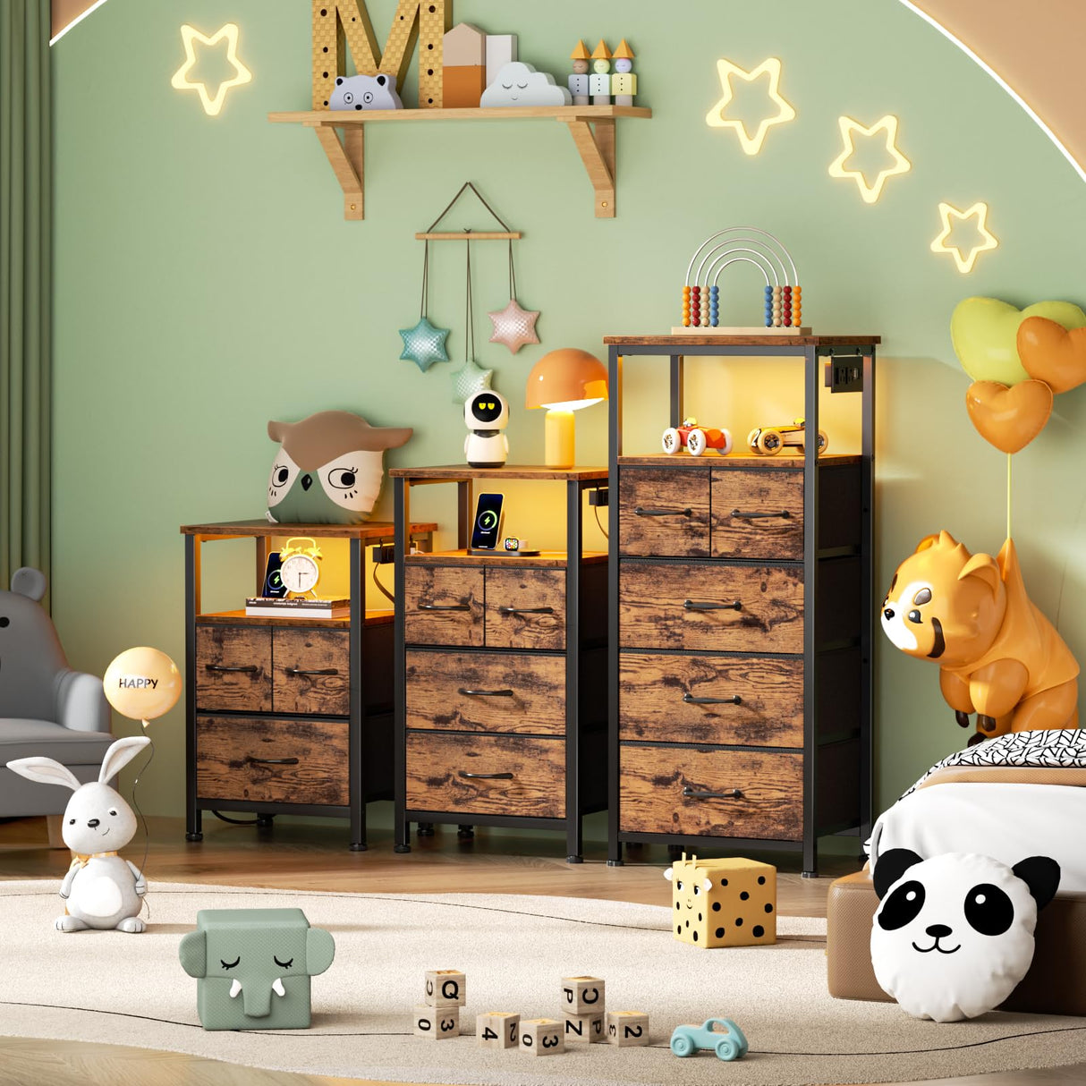 Furnulem Led Nightstand with Charging Station, Bedside Table with 3 Fabric Drawers and Storage Shelf, End Table with USB Ports and Outlets, Small Night Stand for Bedroom, Rustic Brown Furnulem