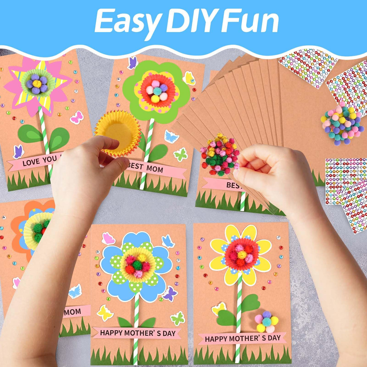 24 Sets Mother's Day Flower Card Craft Kit for Kids Spring DIY Flower Greeting Card Set Happy Mother's Day Card Making Kit for Mom Gifts Classroom School Home Activities Sanixin