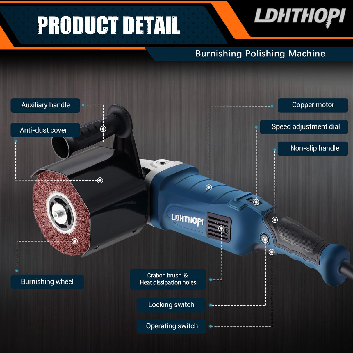 LDHTHOPI 1800W Burnishing Polishing Machine, 110V Handheld Electric Stainless Steel Polisher, 8 Variable Speed, 3100RPM for Metal, Stainless Steel, Wood LDHTHOPI
