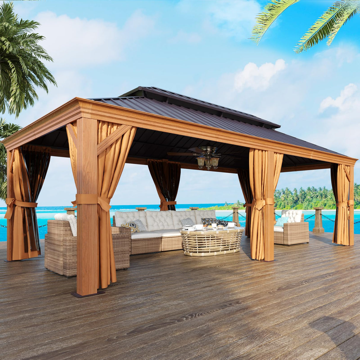 Jolydale 12' x 20' Gazebo, Wooden Finish Coated Aluminum Frame Canopy, Galvanized Steel Double Top, Outdoor Permanent Metal Pavilion with Privacy Curtains and Netting, for Patio, Deck and Backyard Jolydale