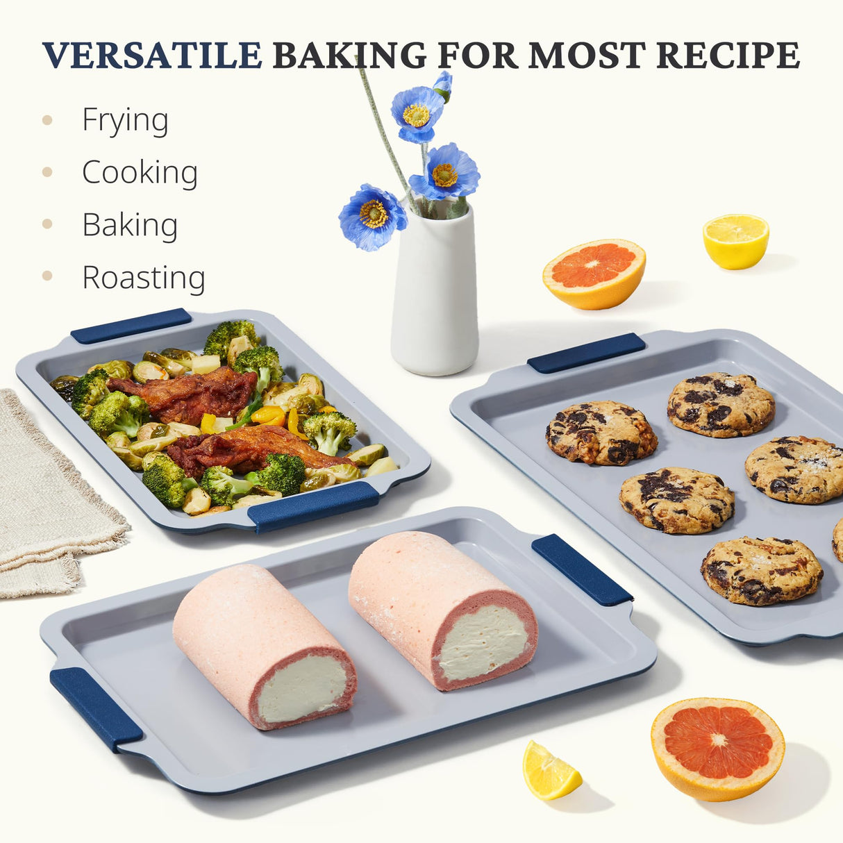 BRONYPRO Non Stick Ceramic Baking Sheet Pan Set of 3, Natural Non Toxic Cookie Sheets for Baking - PFOA, PTFE Free, Heavy Duty Aluminized Steel Oven Trays for Cooking with Silicone Handles, Navy BRONYPRO