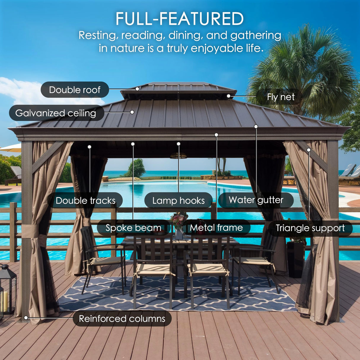 Kozyard Alexander 12' X 18' Hardtop Gazebo, Aluminum Metal Gazebo with Galvanized Steel Double Roof Canopy, Curtain and Netting, Permanent Gazebo Pavilion for Patio, Backyard, Deck, Lawn (Brown) Kozyard