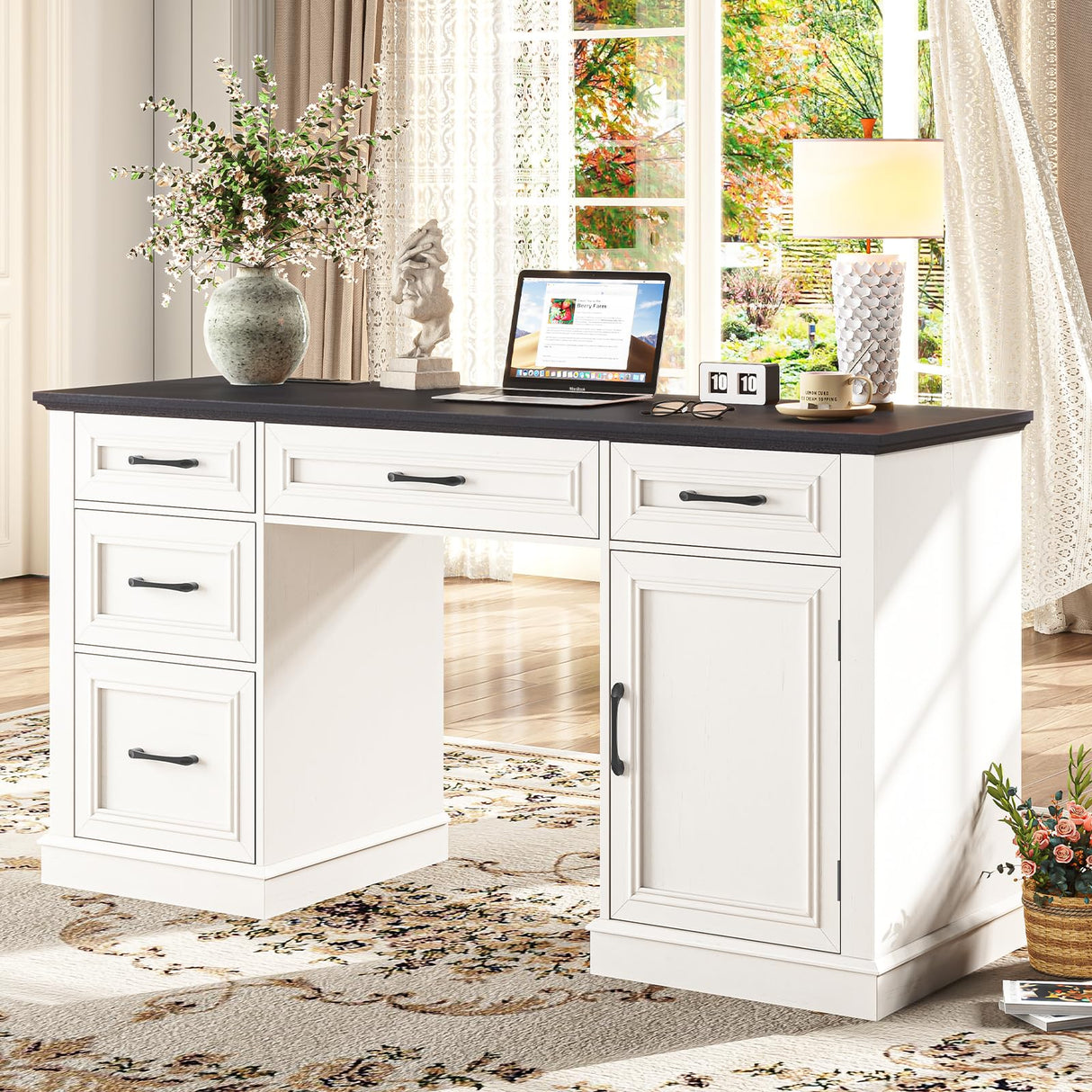 Farmhouse 59'' Executive Desk with Charging Station,Office Desks Computer Desk with 5 Drawers, Wood Workstation for Home Office and Study, File Drawers and Storage Cabinet, Black Vabches