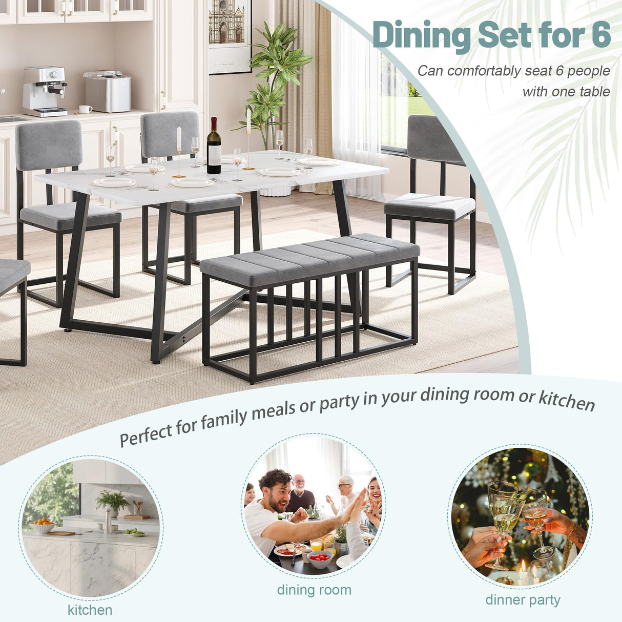 HUGROVE 6-Piece Dining Table Set, 51.18'' Faux Marble Rectangular Table with 4 Velvet Upholstered Dining Chairs and Bench, Modern Kitchen & Dining Room Furniture for Family Gathering (Dark Gray) HUGROVE