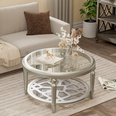 COSIEST Glass Coffee Table, 32" Round Coffee Tables with Storage, 2-Tier Glass Top, Clear Coffee Table, Simple & Modern Center Table for Living Room or Home Office (Champagne)